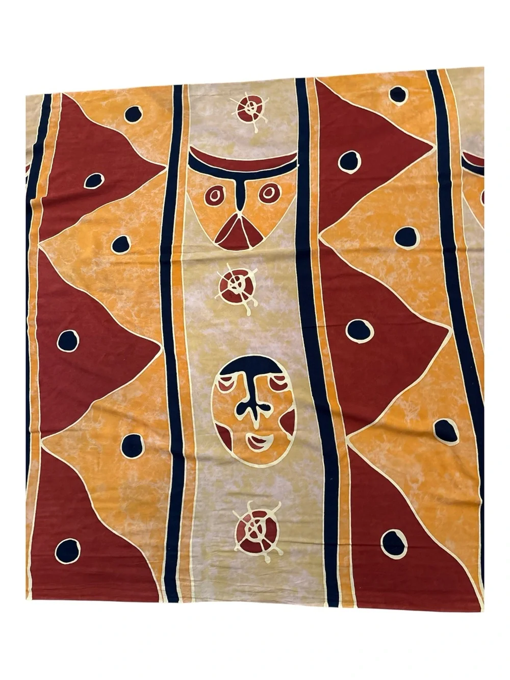 VTG AFRICAN BATIK MASK MOTIF COTTON SHAWL WALL HANGING HAND DYED CLOTH 44X60
